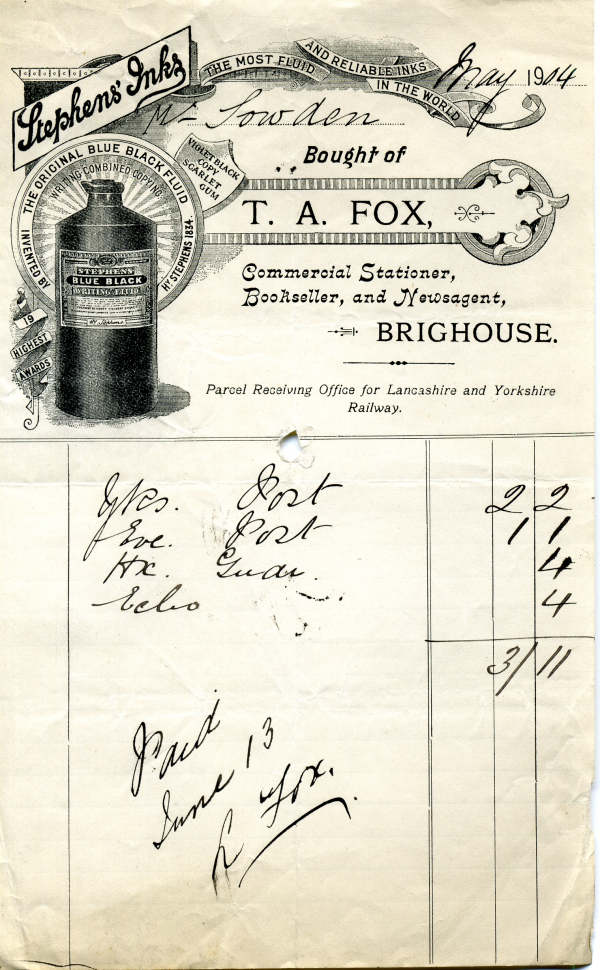 Old Town Centre Businesses: T.A.Fox Stationers 1914